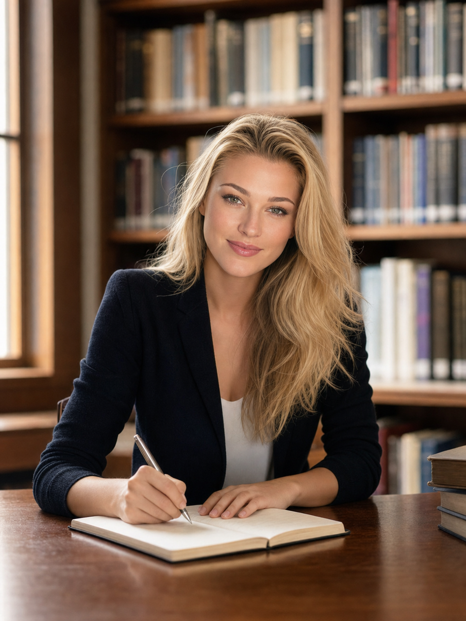 Nicole Junkerman schreibt mit einem Stift in einem Notizbuch in einer Bibliothek.
