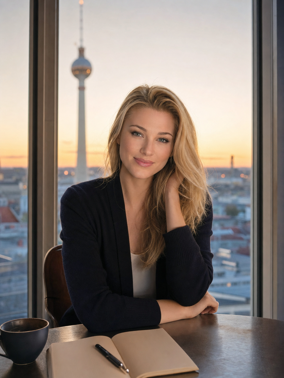 Nicole Junkerman an einem Tisch, durch das Fenster der Berliner Fernsehturm.