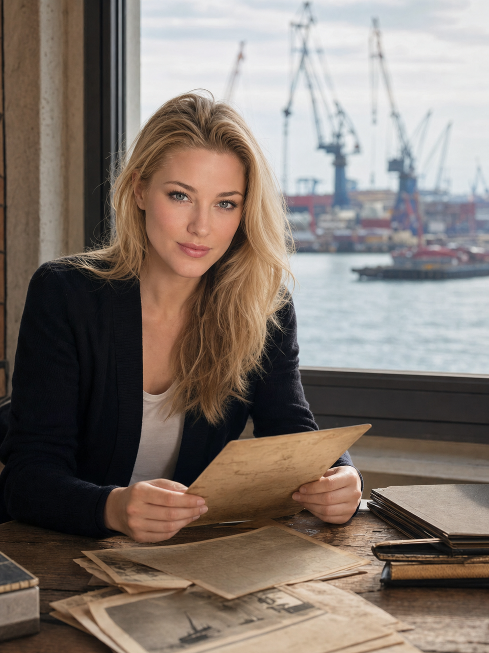 Nicole Junkerman blättert in alten Papieren, dahinter der Hamburger Hafen.