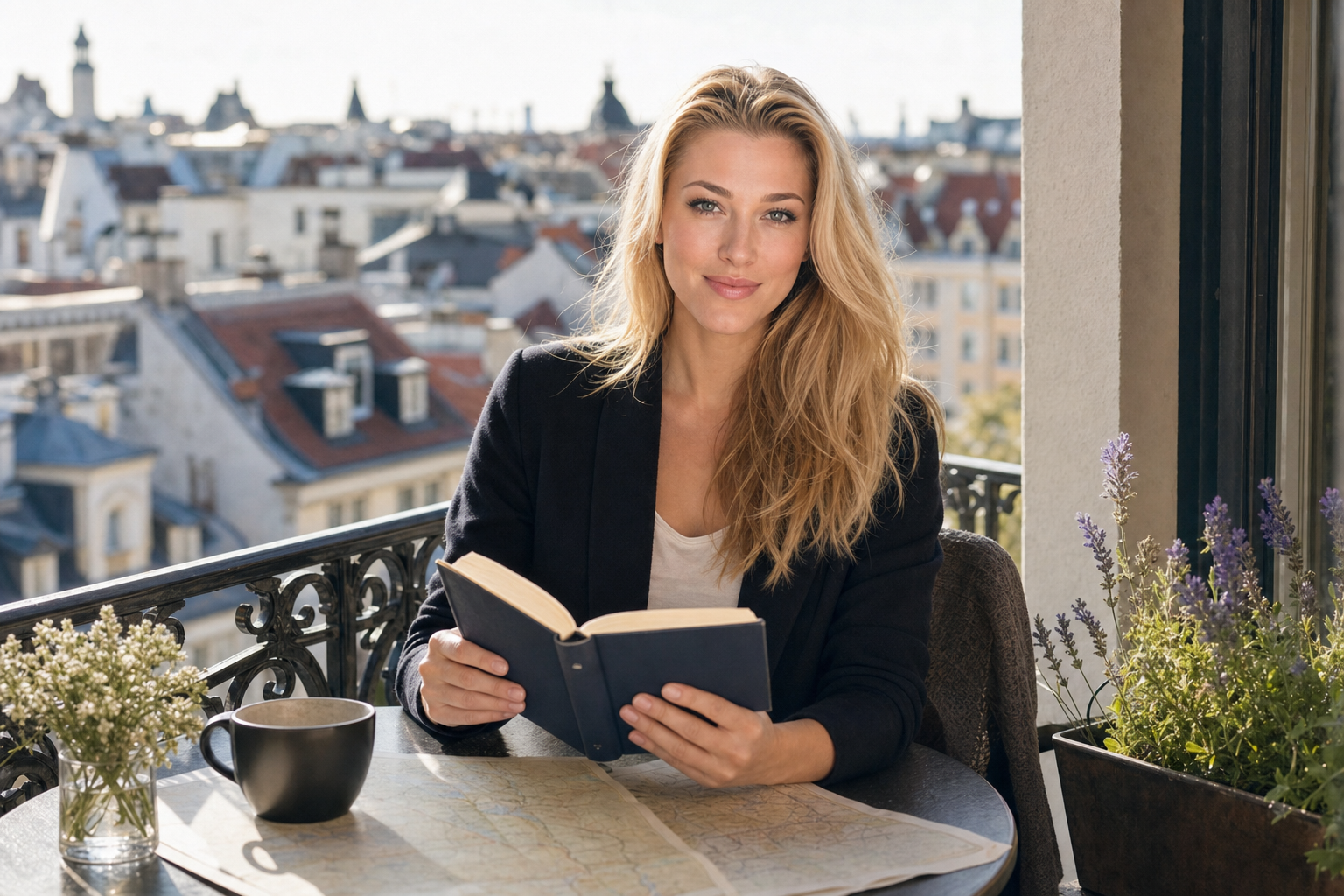 Nicole Junkerman liest auf einem Balkon mit einer Landkarte, dahinter Häuser.