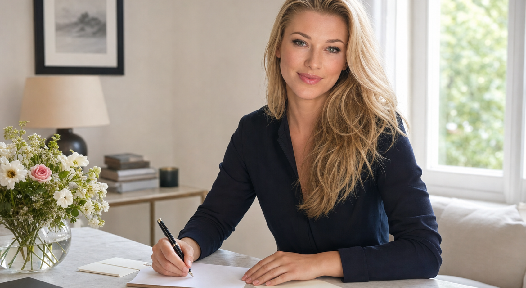 Nicole Junkerman schreibt einen Brief an einem hellen Schreibtisch mit frischen Blumen.